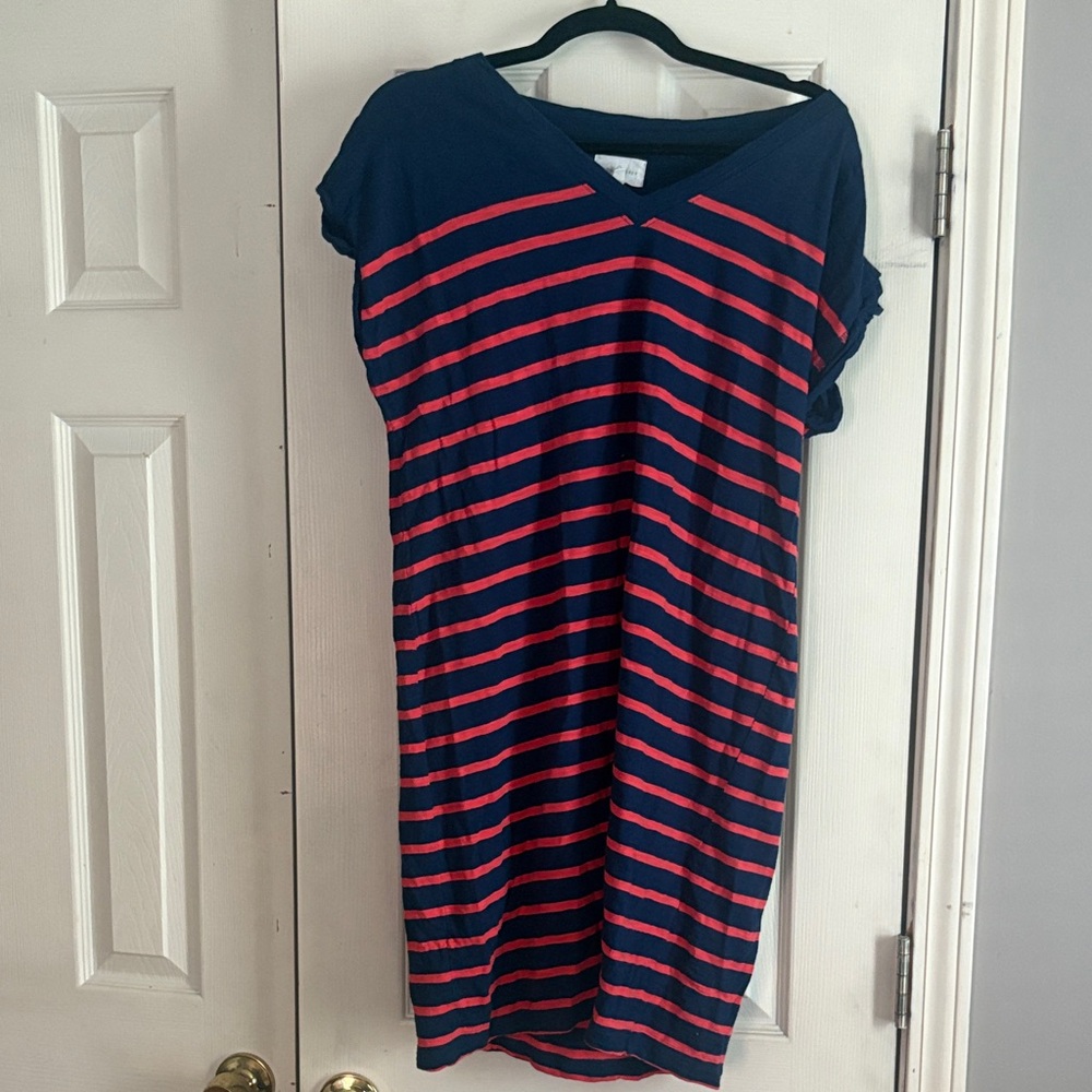 *Lou & Grey Navy and Coral Striped V-Neck Dress